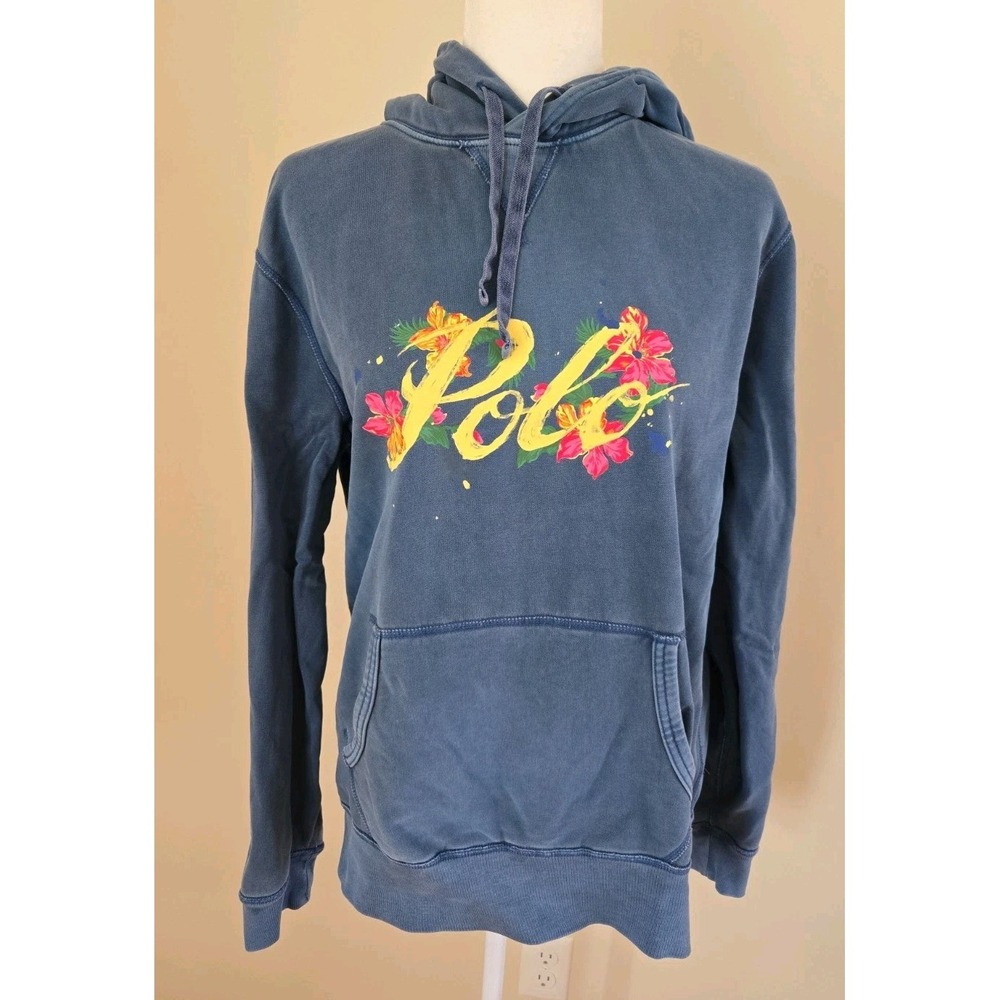 Polo Ralph Lauren BLUE PAINTED FLORAL SCRIPT LOGO Hoodie Sweatshirt Size Medium